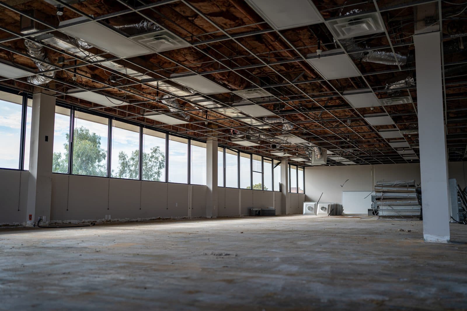Ductwork above the opened ceiling of a commercial floor